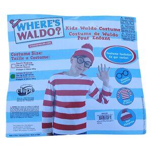 Where's Waldo Costume (Shirt, Hat, Glasses) Red and White Youth Size Large/XL